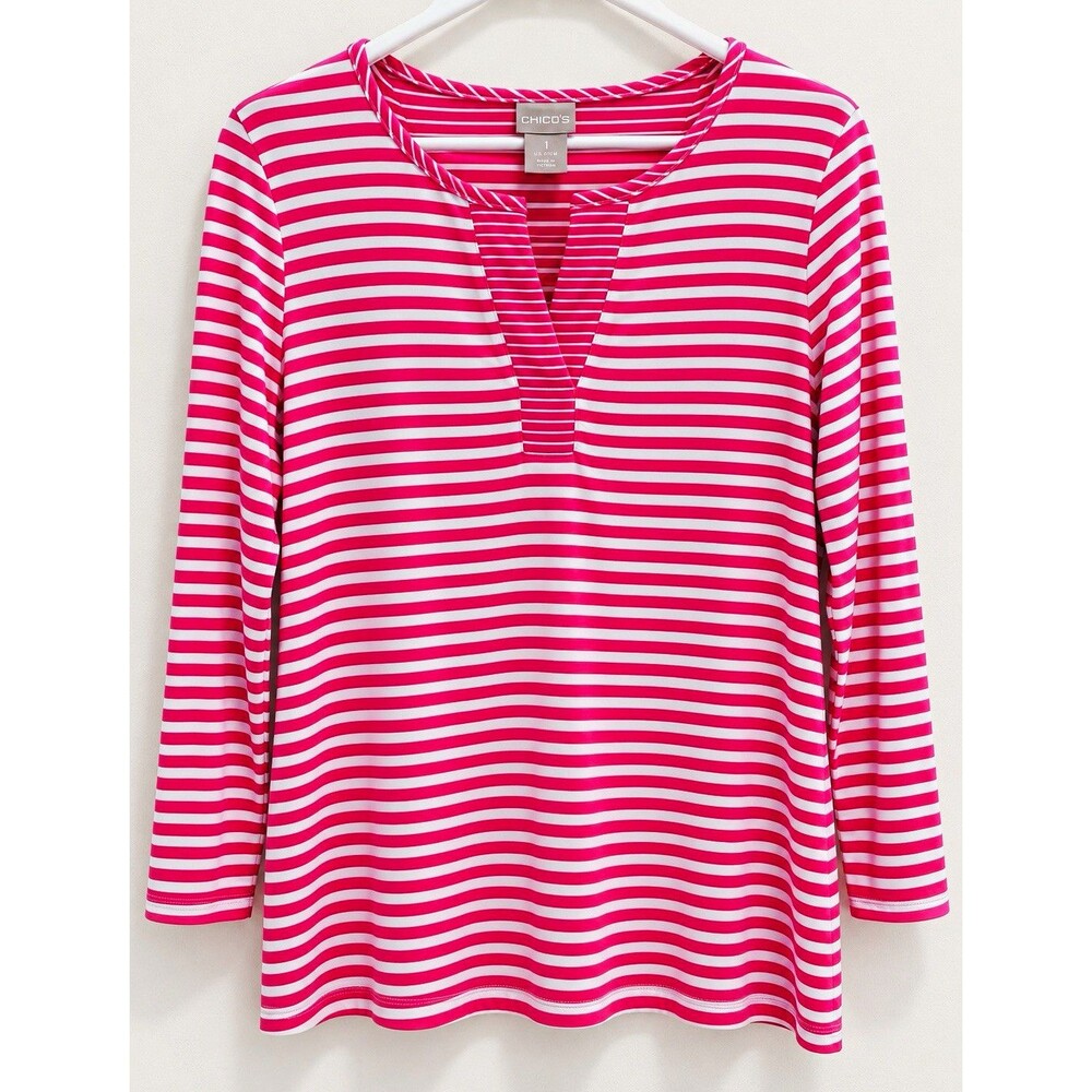 Chico’s Pink & White Striped Long Sleeve Top Size 1/M 8/12